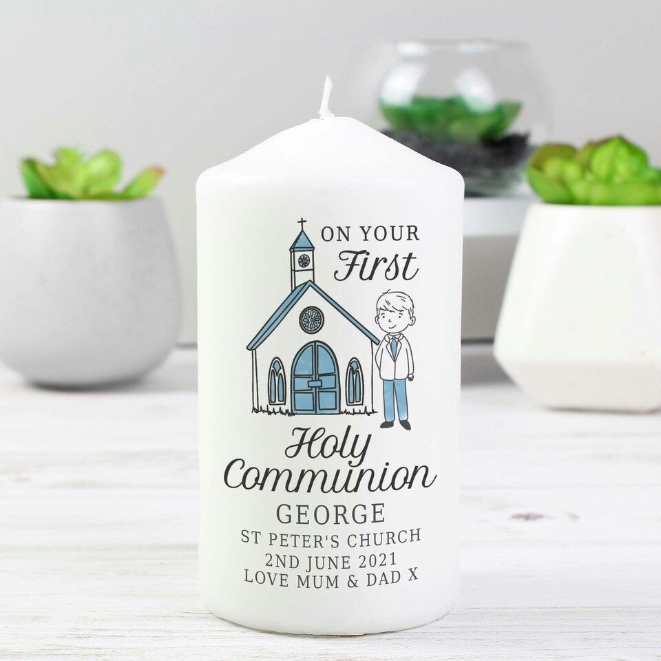 image 1 of Personalised Boys First Holy Communion Pillar Candle White