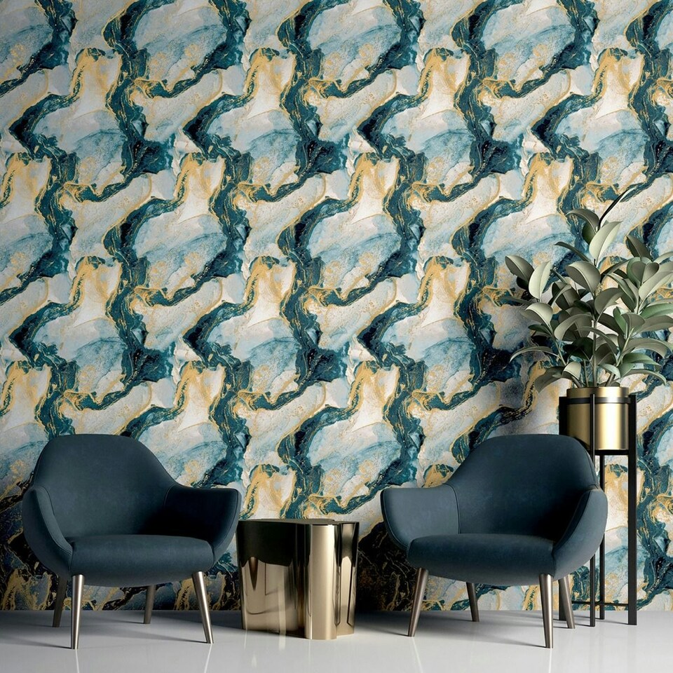 image 1 of Arthouse Abstract Marble Textured Wallpaper - Teal/Gold - 10m x 53cm Green