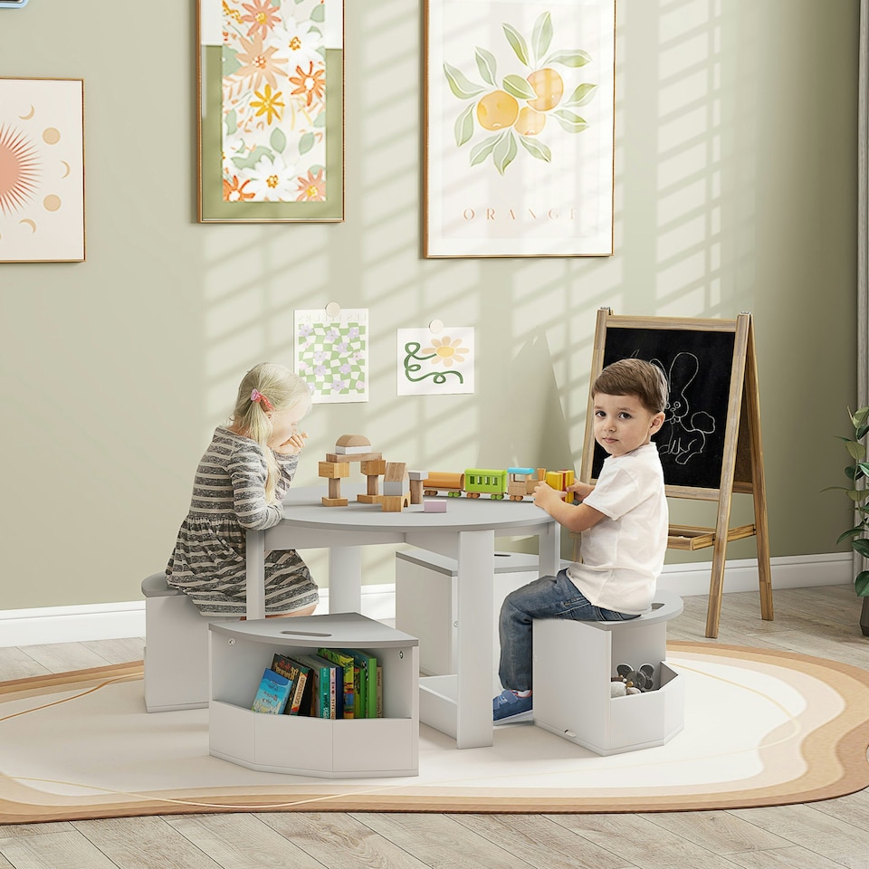 image 1 of AIYAPLAY Five-Piece Kids Table and Chairs Set w/ Storage for 3-8 Years, Grey 
