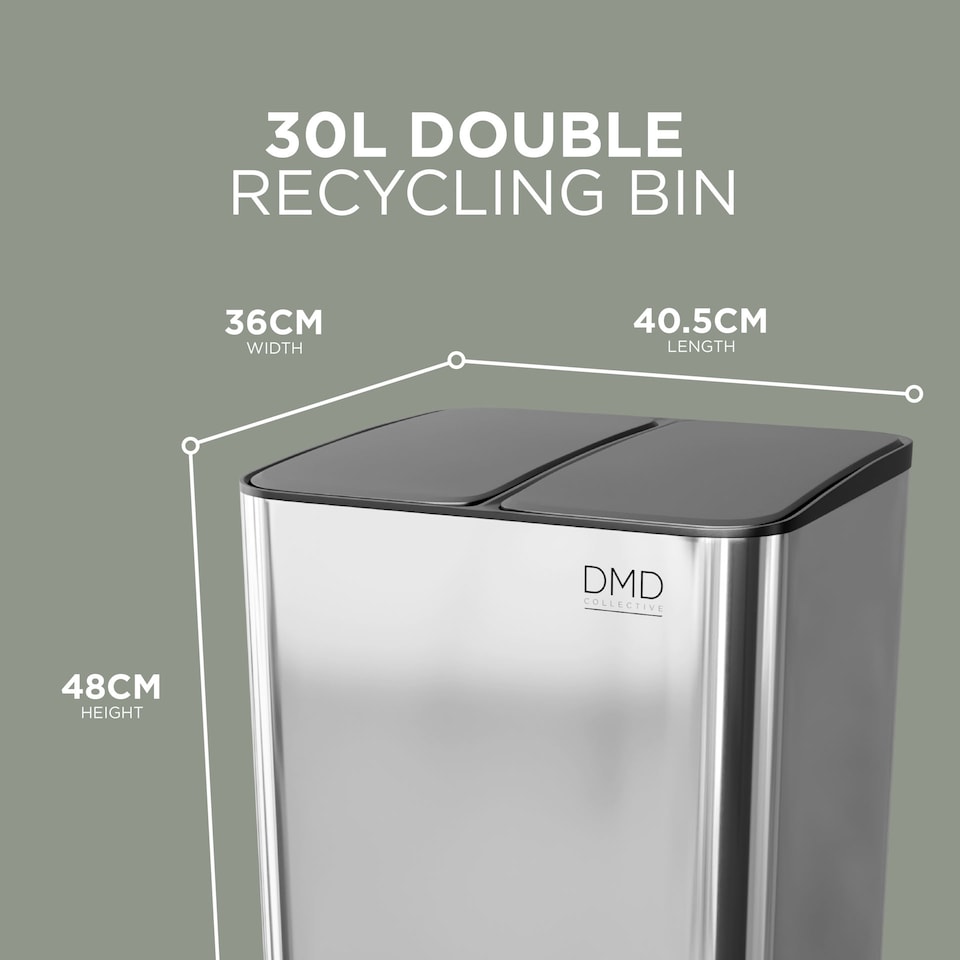 image 1 of DMD 30L Stainless Steel Recycling Bin, 2 x 15L Removable Plastic Recycling Buckets | Silver | Silver