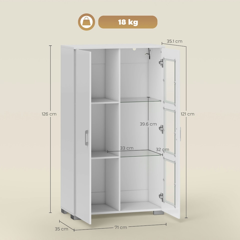 image 1 of HOMCOM Display Cabinet with Glass Shelves, Sideboard for Living Room, White | White