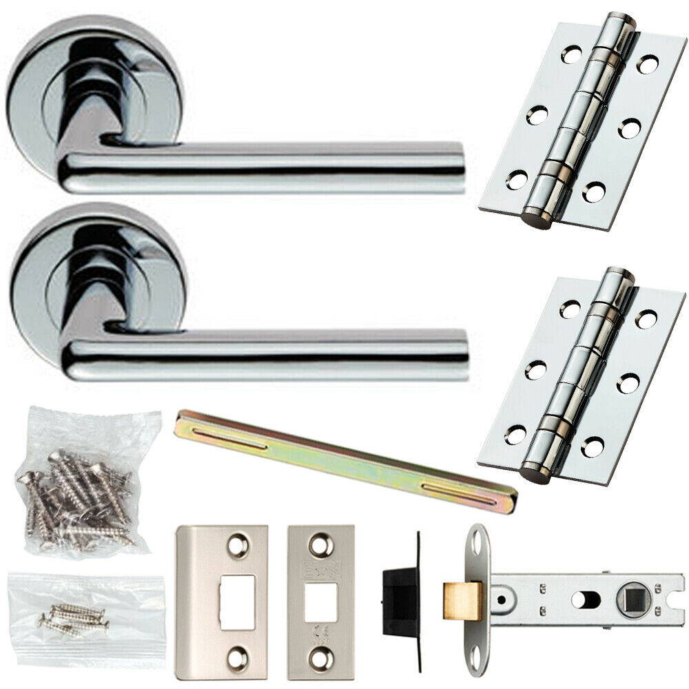 Loops Door Handle & Latch Pack Chrome Straight Round Bar Lever Screwless Round Rose