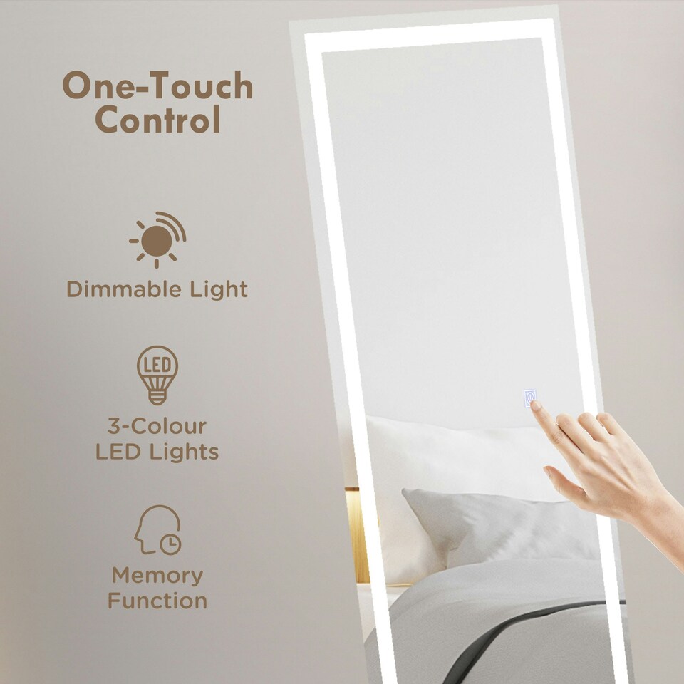 image 1 of HOMCOM Full Size Body LED Mirror, Dimmable Lighted Mirror for Bedroom