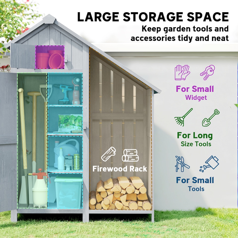 image 1 of Outsunny Fir Garden Storage Shed With Shelves Log Rack, For Garden Tools | Grey | Grey and Black