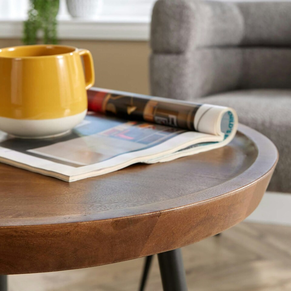 image 1 of Small Coffee Table Round Rustic Solid Mango Wood Living Room Furniture Unit Brown