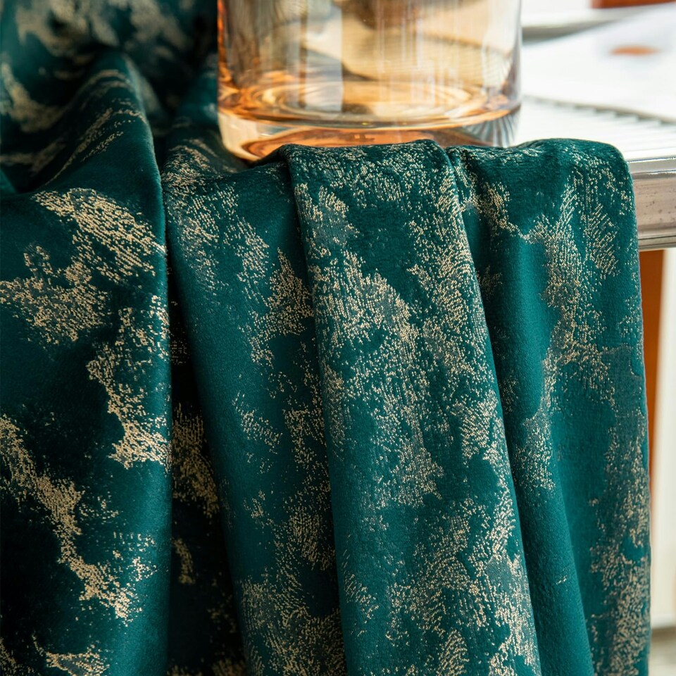 image 1 of Green Gold Foil Blackout Eyelet Curtains - 46x54 Inch Drop - 2 Panel Green