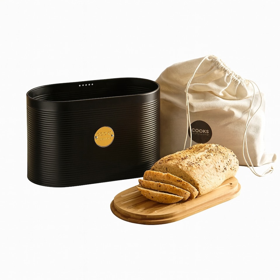 image 1 of Cooks Professional Ribbed Bread Bin, Linen Bag & Bamboo Board Set with Gold Label | Black | Black & Gold | 1
