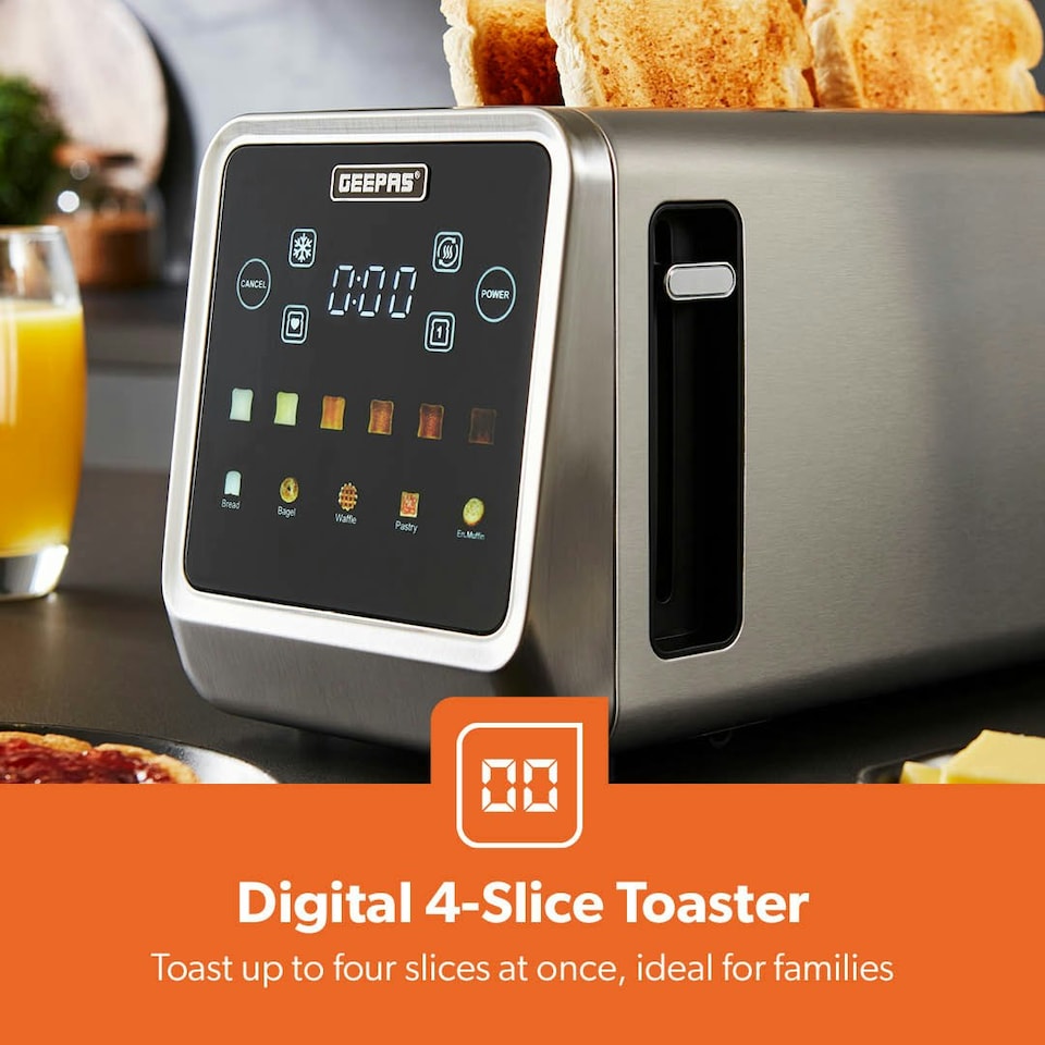 image 1 of GEEPAS 5-in-1 DIGITAL 4 Slice Long Slot Toaster | 1450W Silver | Silver