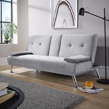 Double Sofa Bed Folding Chair Armrests Grey Crushed Velvet Metal Legs Couch