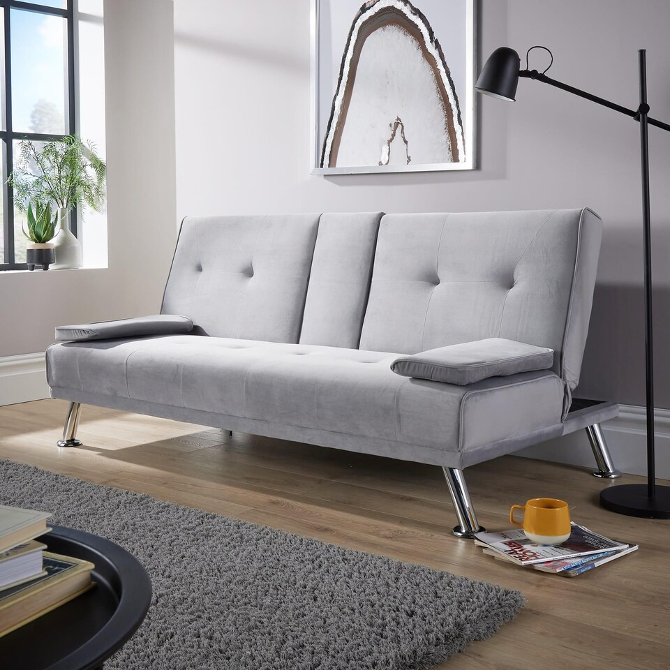 image 1 of Double Sofa Bed Folding Chair Armrests Grey Crushed Velvet Metal Legs Couch