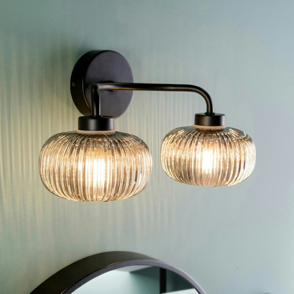 image 1 of ValueLights Amaia Matte Black IP44 Rated 2 Way Smoked Ribbed Glass Wall Light