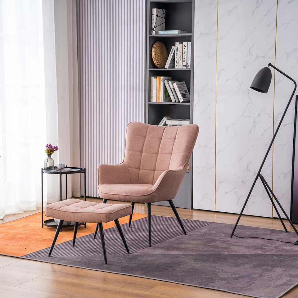 image 1 of Vera Fabric Occasional Living Room Modern Accent Chair with Footstool (Pink)
