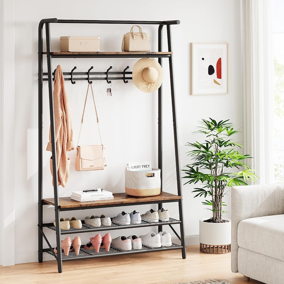 image 1 of London Boutique 4-in-1 Hall Tree with Bench and Shoe Rack, Single Coat Hooks, 100cm