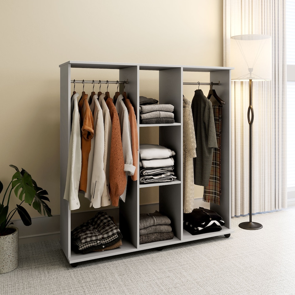 image 1 of HOMCOM Double Open Wardrobe on Wheels, Bedroom Wardrobe with Clothes Hanging Rails, 3 Storage Shelves, Mobile Garment Rack for Cloakroom, Hallway, Grey
