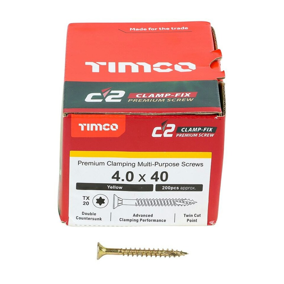 image 1 of Timco - C2 Clamp-Fix Multi-Purpose Premium Screws - TX - Double Countersunk - Yellow (Size 4.0 x 40 - 200 Pieces)