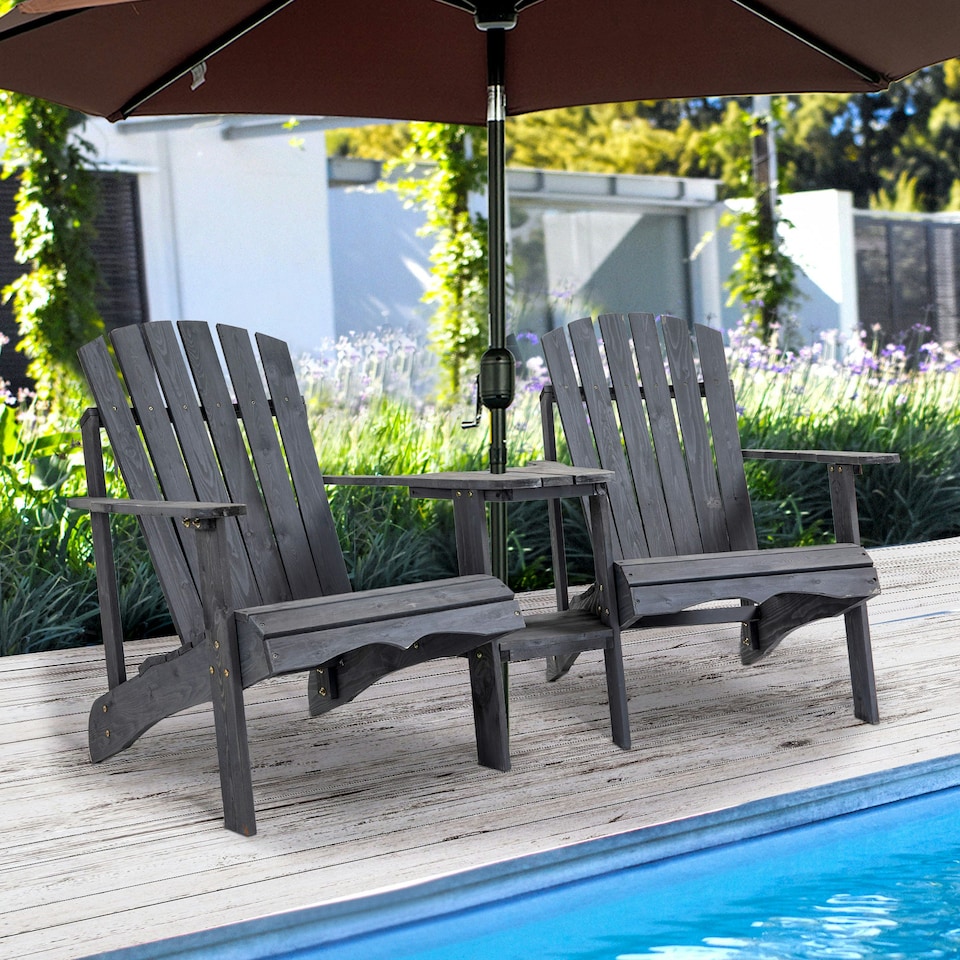 image 1 of Outsunny Wooden Outdoor Double Adirondack Chair with Table Dark Grey