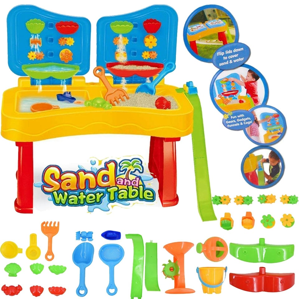 image 1 of Sand and Water Activity Table XL with Double Compartment, Waterfall Lids, and 25 Accessories – Outdoor Play Set with Lids and Water Mill
