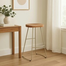 Interiors by Premier Luxe Bar Stool With Acacia Wood Seat, Wooden Kitchen Stool, Counter Seat With Iron Footrest, Silver Stool | Cream