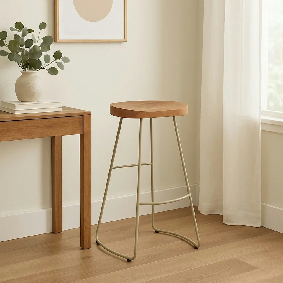 image 1 of Interiors by Premier Luxe Bar Stool With Acacia Wood Seat, Wooden Kitchen Stool, Counter Seat With Iron Footrest, Silver Stool | Cream