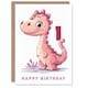 image 1 of 1st Cute Pink Baby Dinosaur Cartoon Kids Age 1 Year Old Child Birthday Card