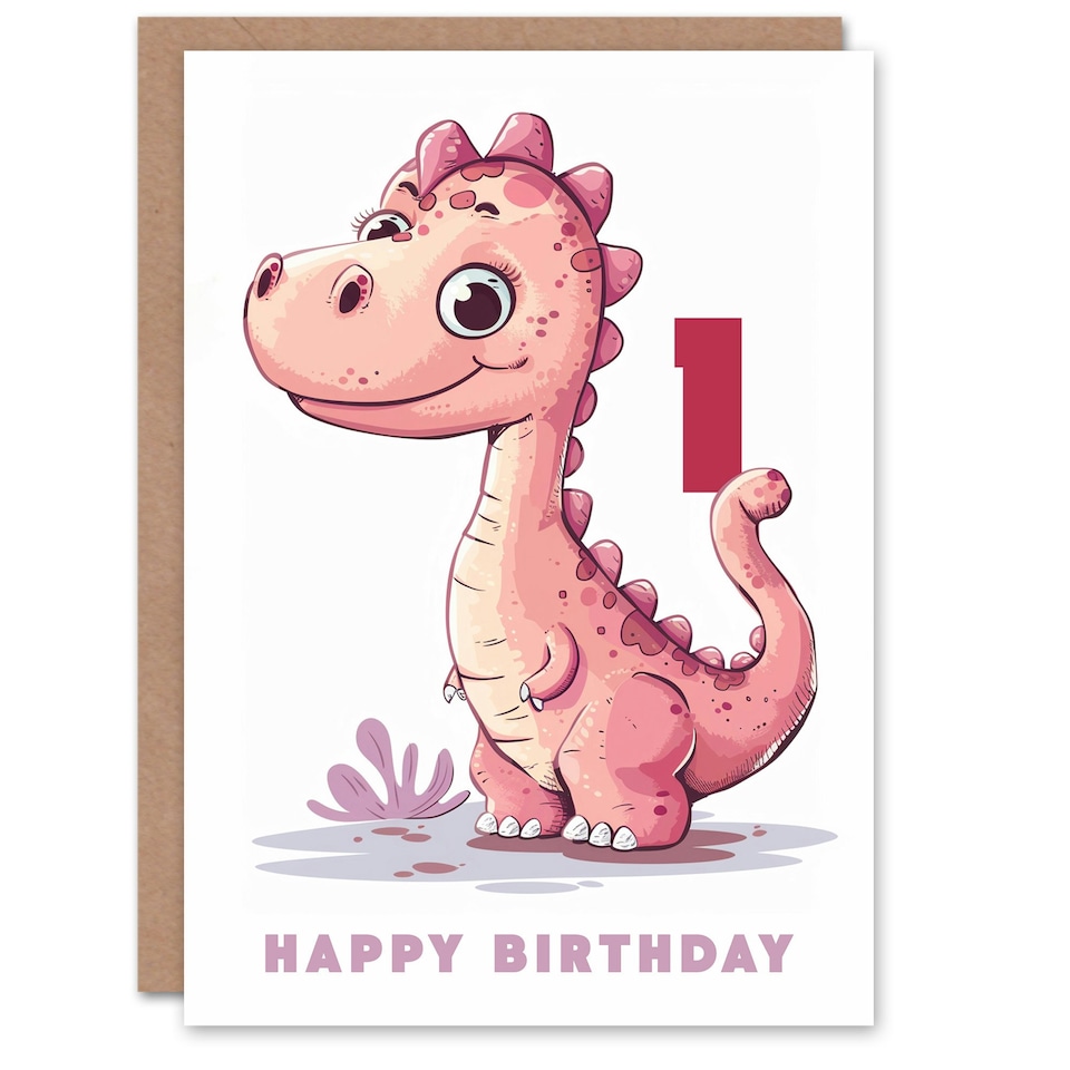 image 1 of 1st Cute Pink Baby Dinosaur Cartoon Kids Age 1 Year Old Child Birthday Card