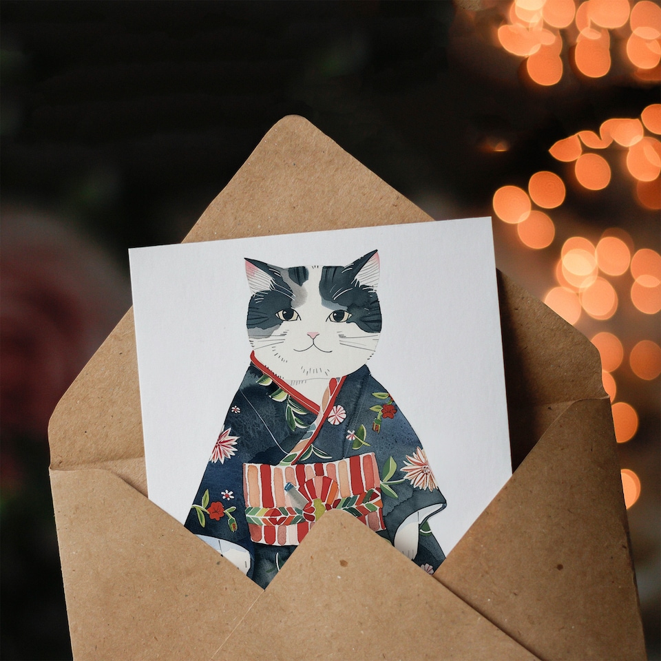image 1 of Cat Lover Cute Pet in Blue Floral Japanese Kimono Birthday Card