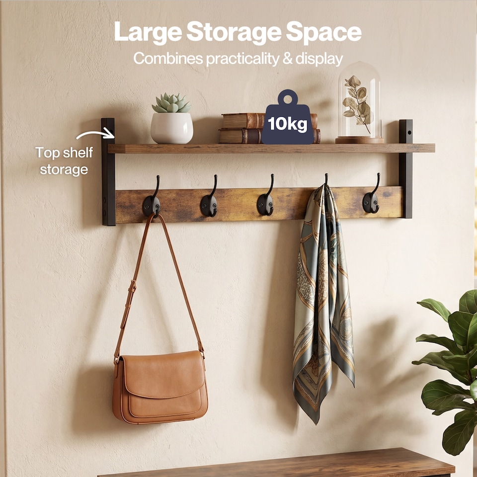 image 1 of Levede Coat Rack Wall Mounted Wooden Hooks Hangers Storage Shelf 2 Pack Brown