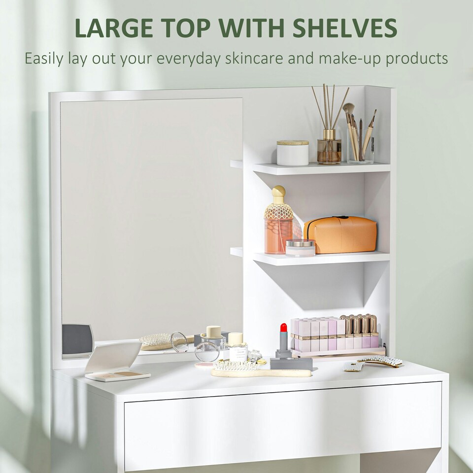 image 1 of HOMCOM Dressing Table with Mirror and Storage, Modern Vanity Desk, White White