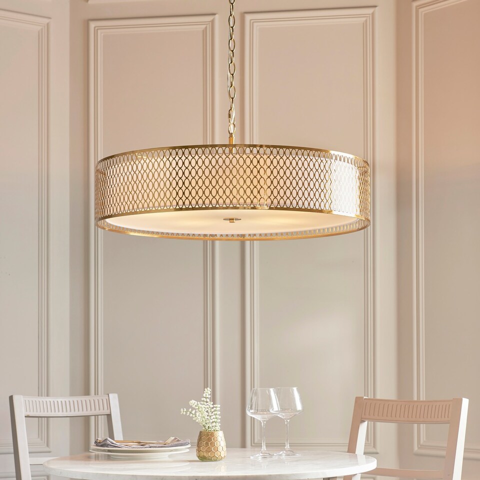 image 1 of Cordero Cylindrical Pendant Ceiling Light Gold Effect Plate, White Fabric & Frosted Glass 5x E27