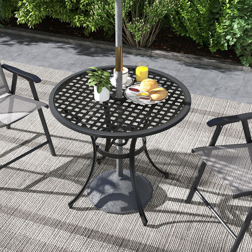 image 1 of Outsunny Cast Aluminium Bistro Table with Umbrella Hole for Balcony, Black | Black