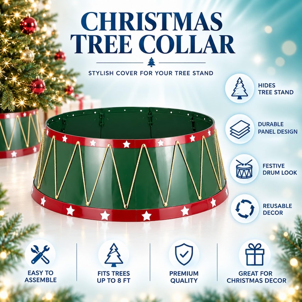 image 1 of 25.6 Inch Drum Style Christmas Tree Collar, Foldable Tree Base Cover with Mirror Finish