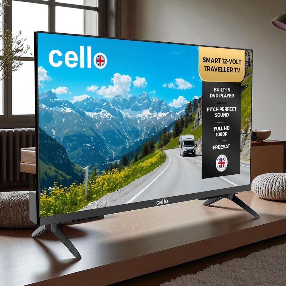 image 1 of Cello C2725WSF 27 inch 12V Smart Traveller TV with DVD, WebOS, Freeview Play, Perfect Pitch Sound, Ideal for Caravans & Motorhomes, Made in the UK – 2025 Model