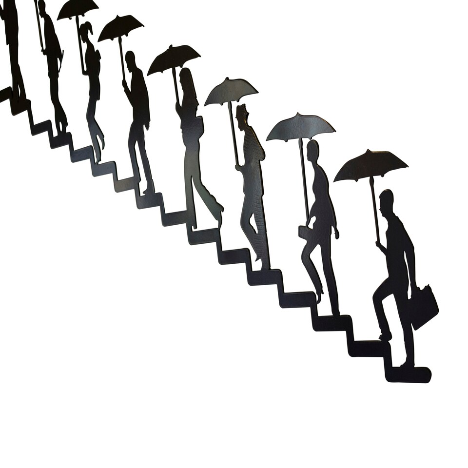 image 1 of Urban Journey Metal Wall Art | Figures Climbing Stairs with Umbrellas | Modern Silhouette Decor for Indoor & Outdoor Use Right to Left Orientation