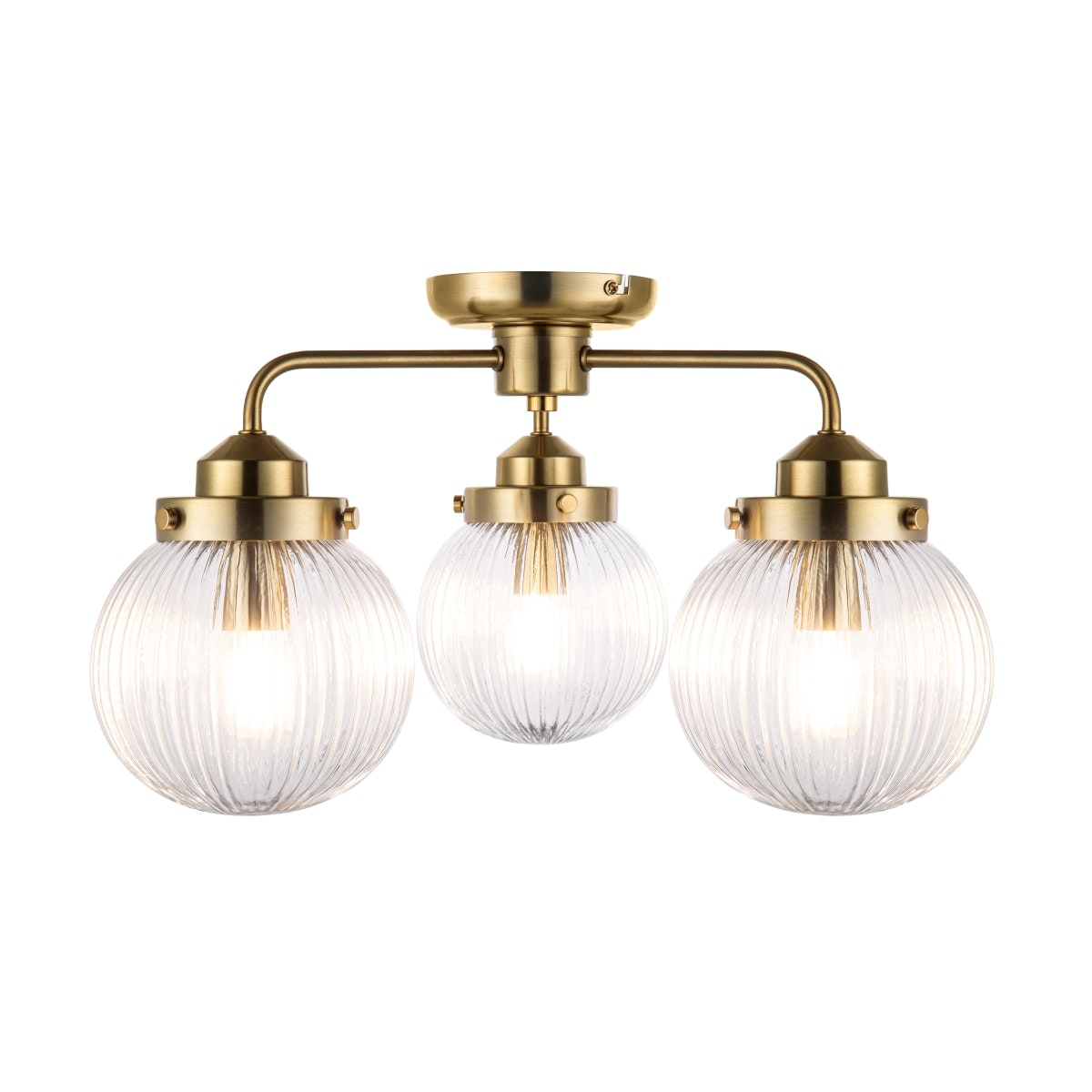 COSYLYTE Finley Bathroom 3-Light Ribbed Glass Ceiling Light - Brass 26cm