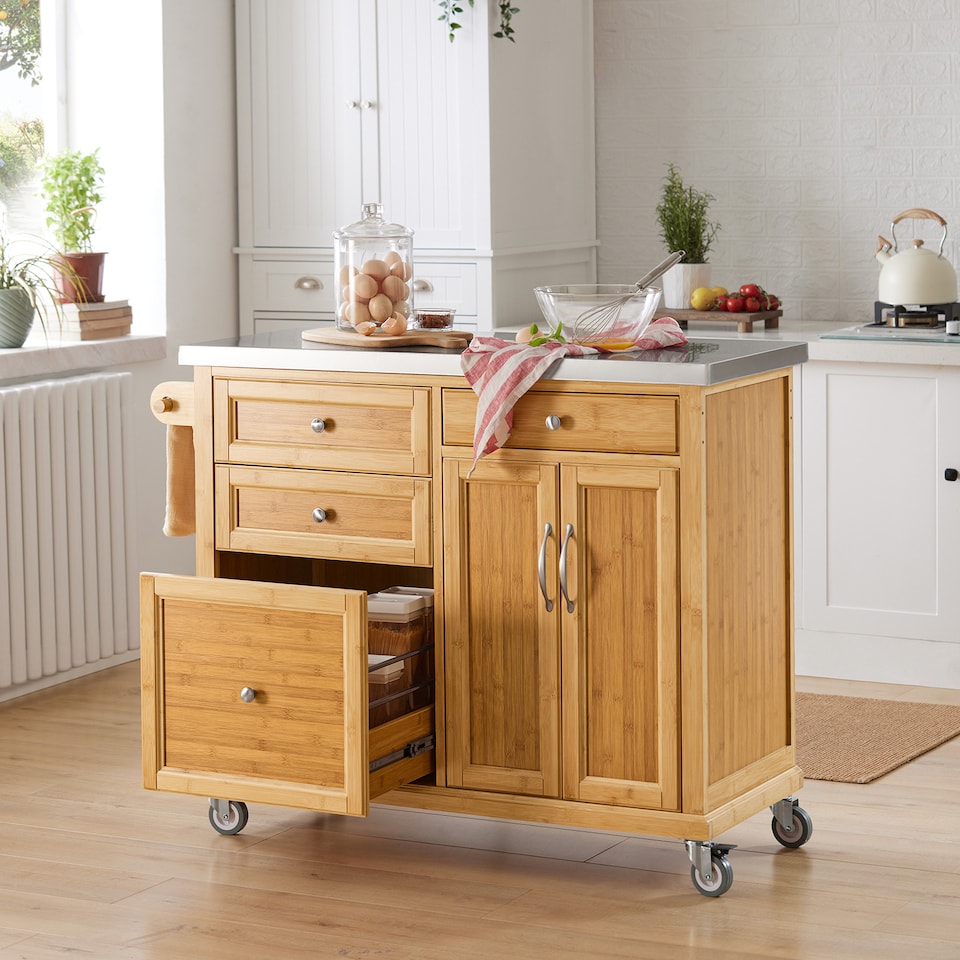 image 1 of SoBuy Kitchen Storage Trolley with Stainless Steel Top, Bamboo, 45.3x18.1x36.2 in, 23.9 kg - FKW70-N