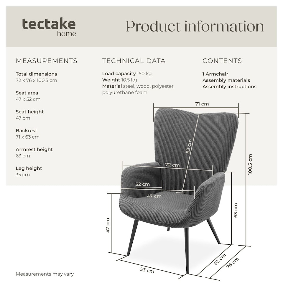 image 1 of Armchair Hygge - padded, armrests and ergonomic backrest, 150 kg load capacity | Grey | Wide cord anthracite/black | One Size | 1
