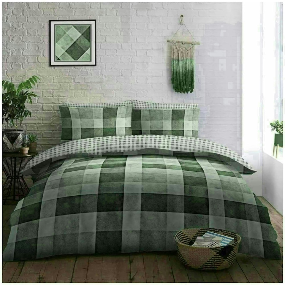 image 1 of VELVETIO Denim Check Printed Duvet Cover Set Reversible Polycotton Beddings Red | King
