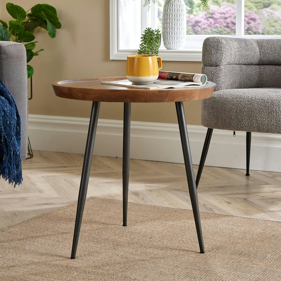 image 1 of Small Coffee Table Round Rustic Solid Mango Wood Living Room Furniture Unit Brown