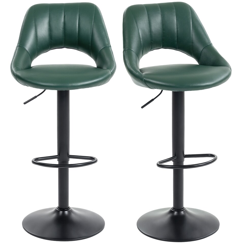 image 1 of HOMCOM Bar Stools Set of 2, Swivel Barstools with Adjustable Height, Backrest and Footrest,  Modern PU Leather Upholstered Breakfast Bar Chairs for Kitchen Island, Counter, Dining Room, Dark Green | Green | Green