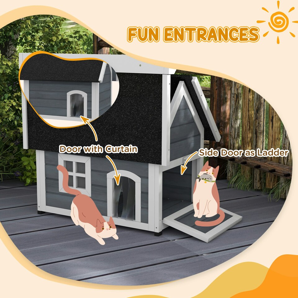 image 1 of PawHut Outdoor Feral Cat House with Openable Asphalt Roof - Grey