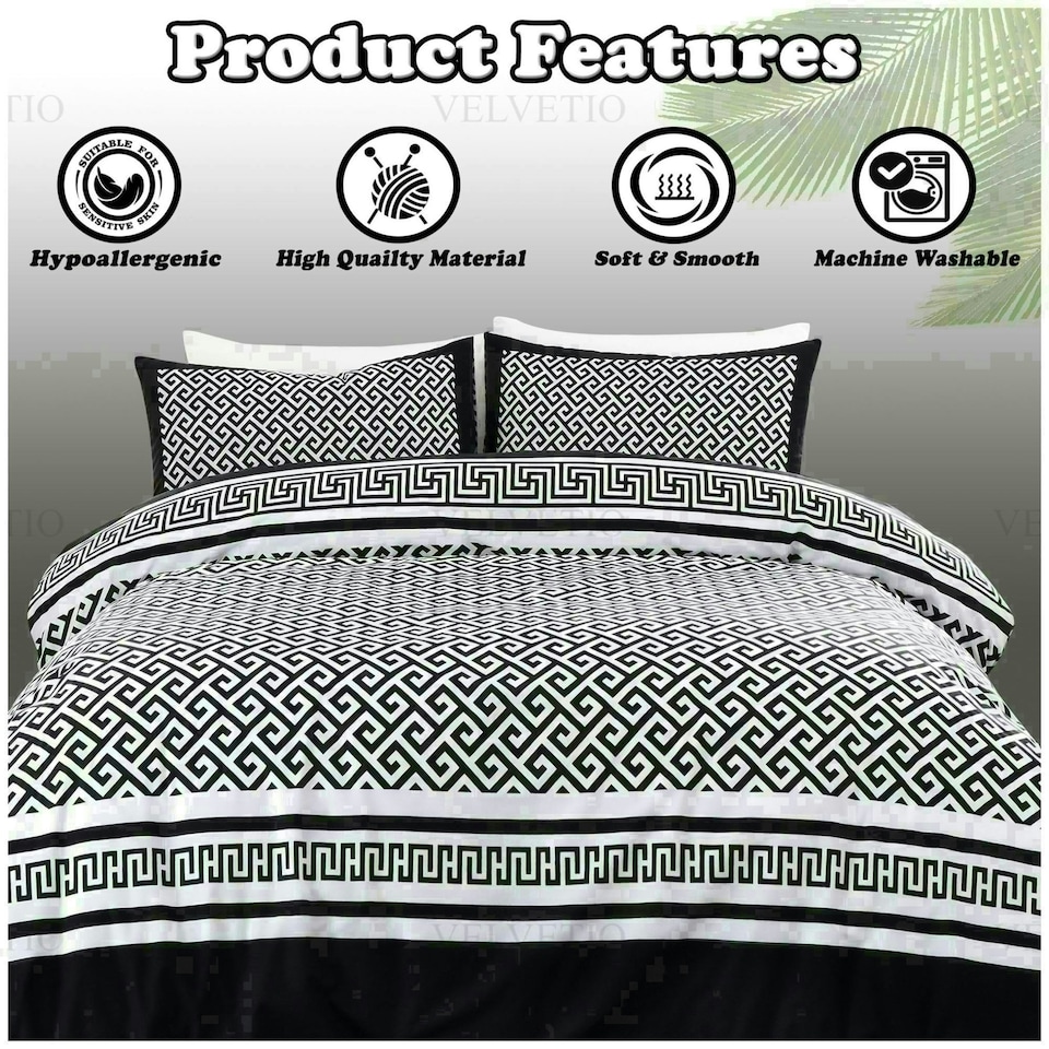 image 1 of Meander Greek Printed Duvet Cover Set Reversible Polycotton Beddings Black | Single