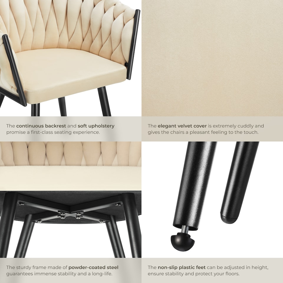 image 1 of Dining Chair Astano - padded, velvet, knot design, continuous backrest | Cream | sand | 2