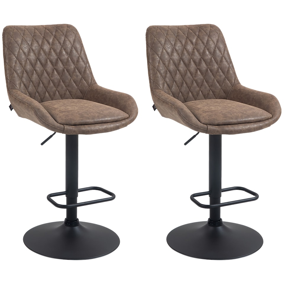 image 1 of HOMCOM Breakfast Bar Stools Set of 2 with 51x40cm Wide Seat, Height Adjustable Kitchen Counter Chairs, Retro Swivel Upholstered Barstools with Back, Footrest and Steel Base, Coffee