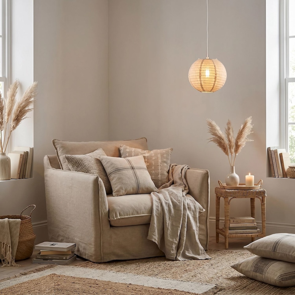 image 1 of Chic Natural Linen Fabric Oatmeal Spherical Pendant Lighting Shade | Cream | Taupe | 1