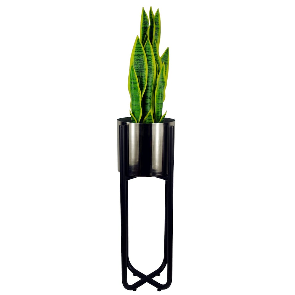 image 1 of Metal Planter Stand Black Stand Silver Metal Plant Pot 62cm x 18cm Leaf Design Botanik | Silver