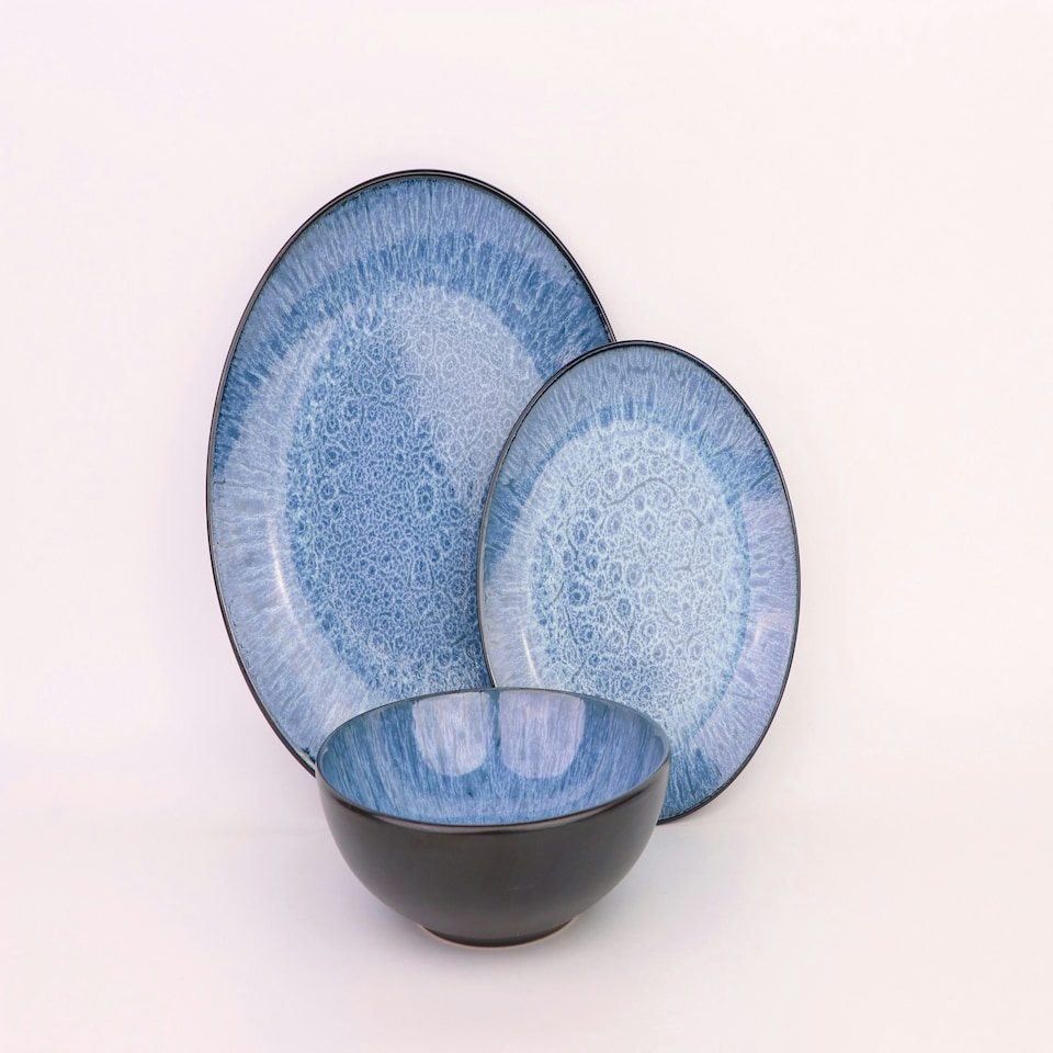 image 1 of 12pc Reactive Glaze Blue Dinner Set