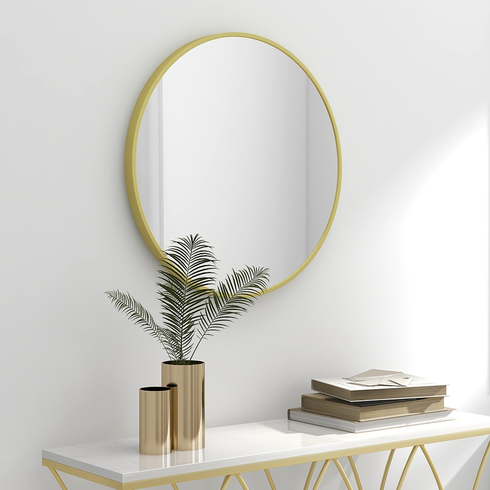 image 1 of HOMCOM Round Bathroom Mirror, Modern Wall-mounted Vanity Mirror with Aluminium Frame and Easy Install Hook for Living Room, Entryway, 60  60cm, Gold Tone