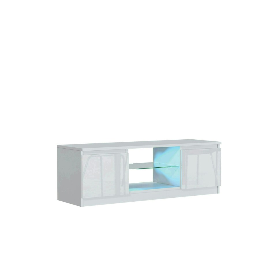 image 1 of TV Unit 120cm White Gloss Doors White Matt Body Glass Shelf Free LED | White | One Size | 1
