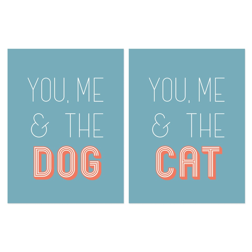 image 1 of Set of 2 You Me And The Cat Dog Lover Retro Teal Blue Pink Wall Art Prints 12x16 Inch