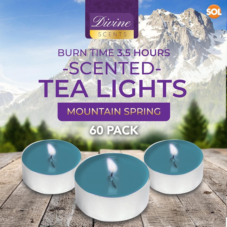 image 1 of 60pk Mountain Spring Scented Tealight Candles – 3.5hr Burn, Refreshing Fragrance for Home, Relaxation, Weddings & Cosy Evenings